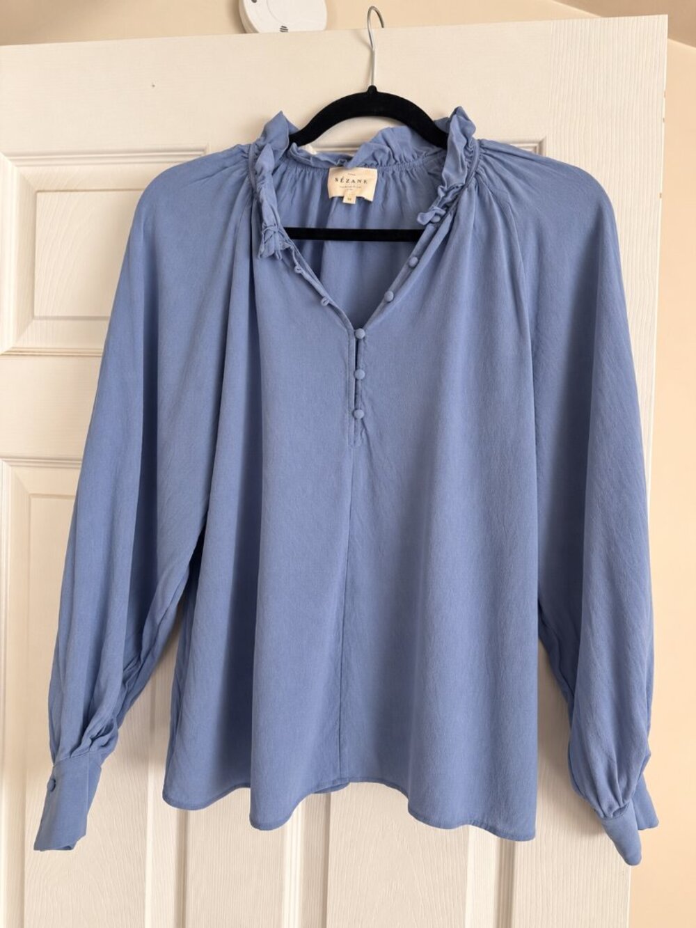 Sézane Blue 100% Silk Ruffle Neck Blouse Size 36